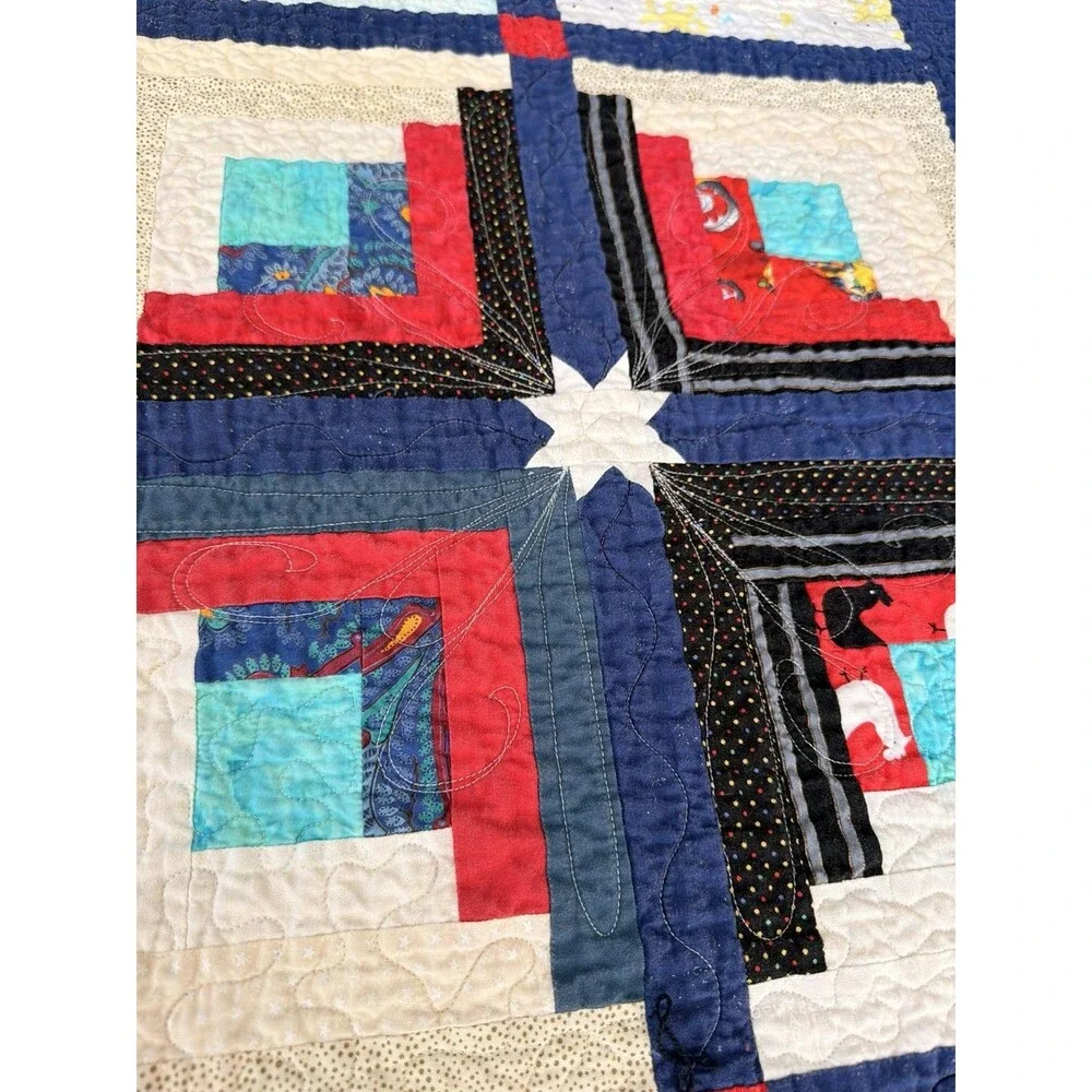 Handmade Log Cabin Patchwork Quilt 57.5x57 Chicken Backing Red Blue Throw